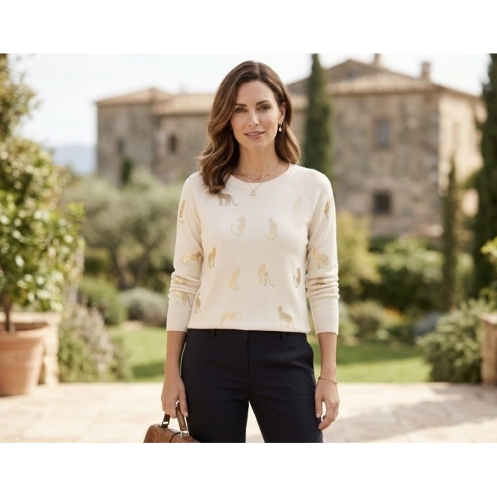 BRODIE Fine Cashmere Gold Foil Leopard Print Crewneck Sweater Small Cream
